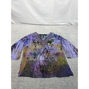 Avenida Azul Blouse Boho Tunic Floral Whimsigoth  Top Rhinestones 3XL Purple